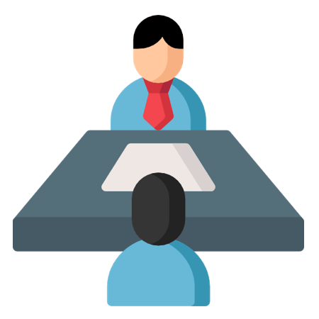 Icon of two people sitting at a table representing learning and analyzing