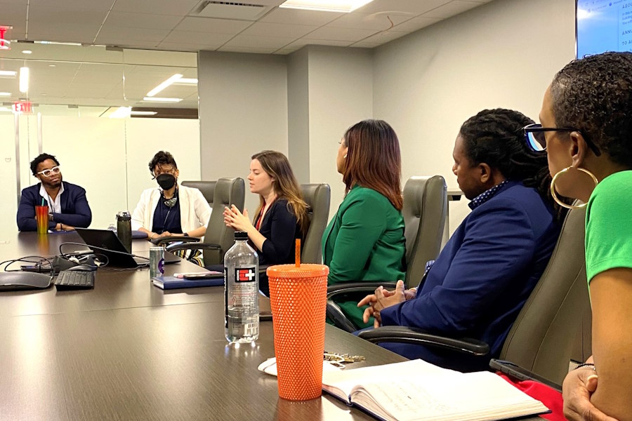 Female executive makes a point while meeting participants listen.