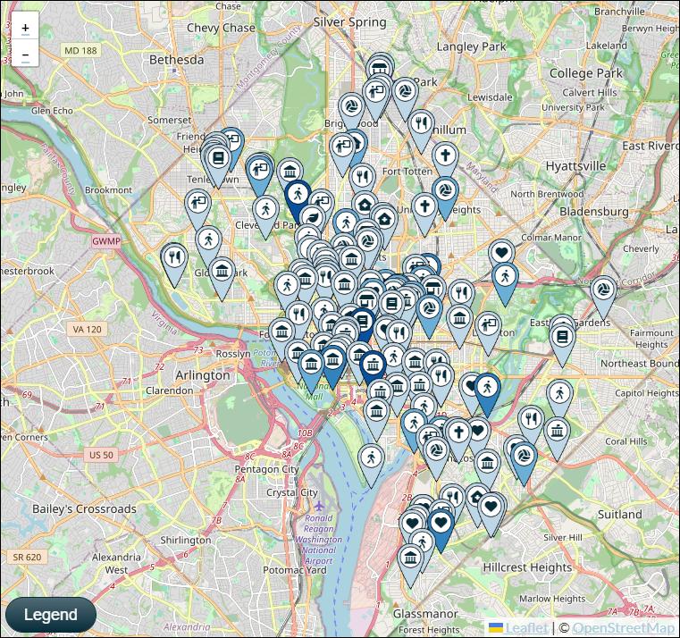 Map of Washington DC showing locations for which people have expressed gratitude.